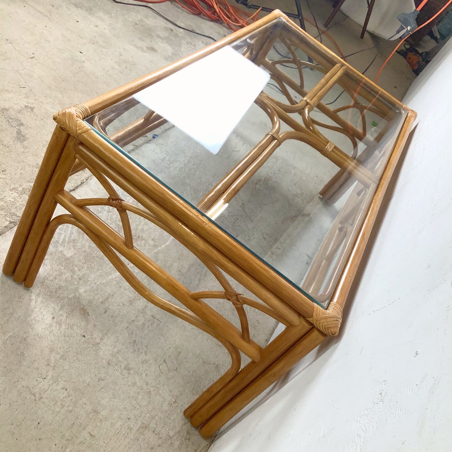 Vintage Rattan Cocktail Table, Cathedral Arch Apron with Glass Top