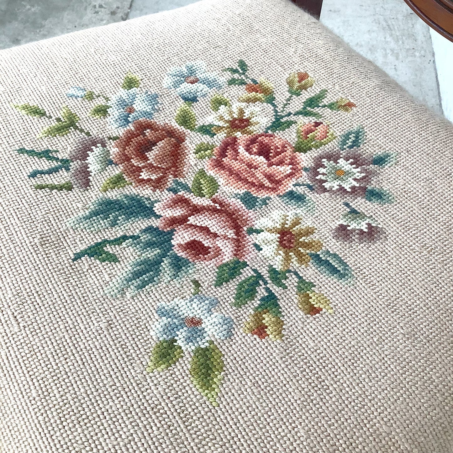 Vintage Queen Anne Style Side Chair with Needlepoint Upholstered Seat