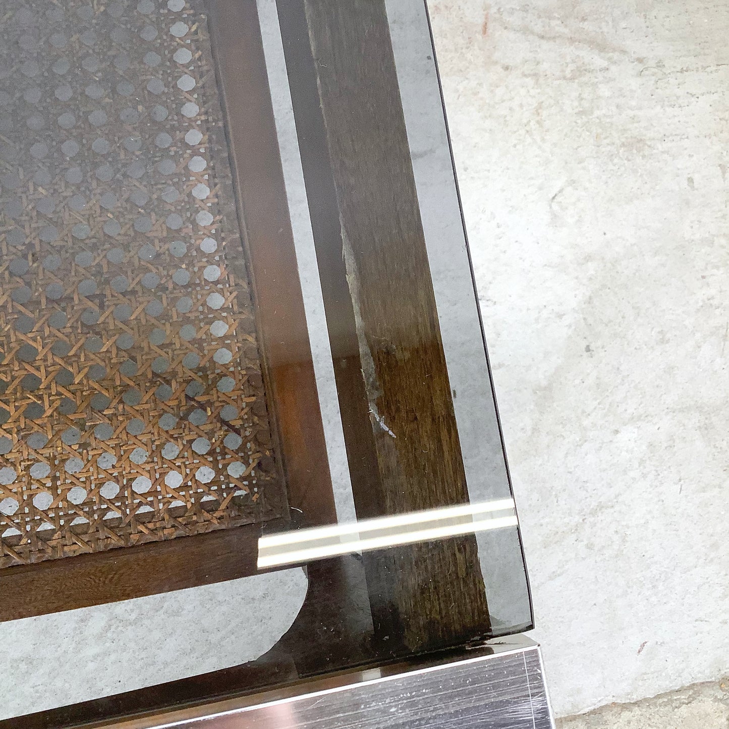 Lane Mid-Century End Table with Smoked Glass, Cane, and Wood Frame