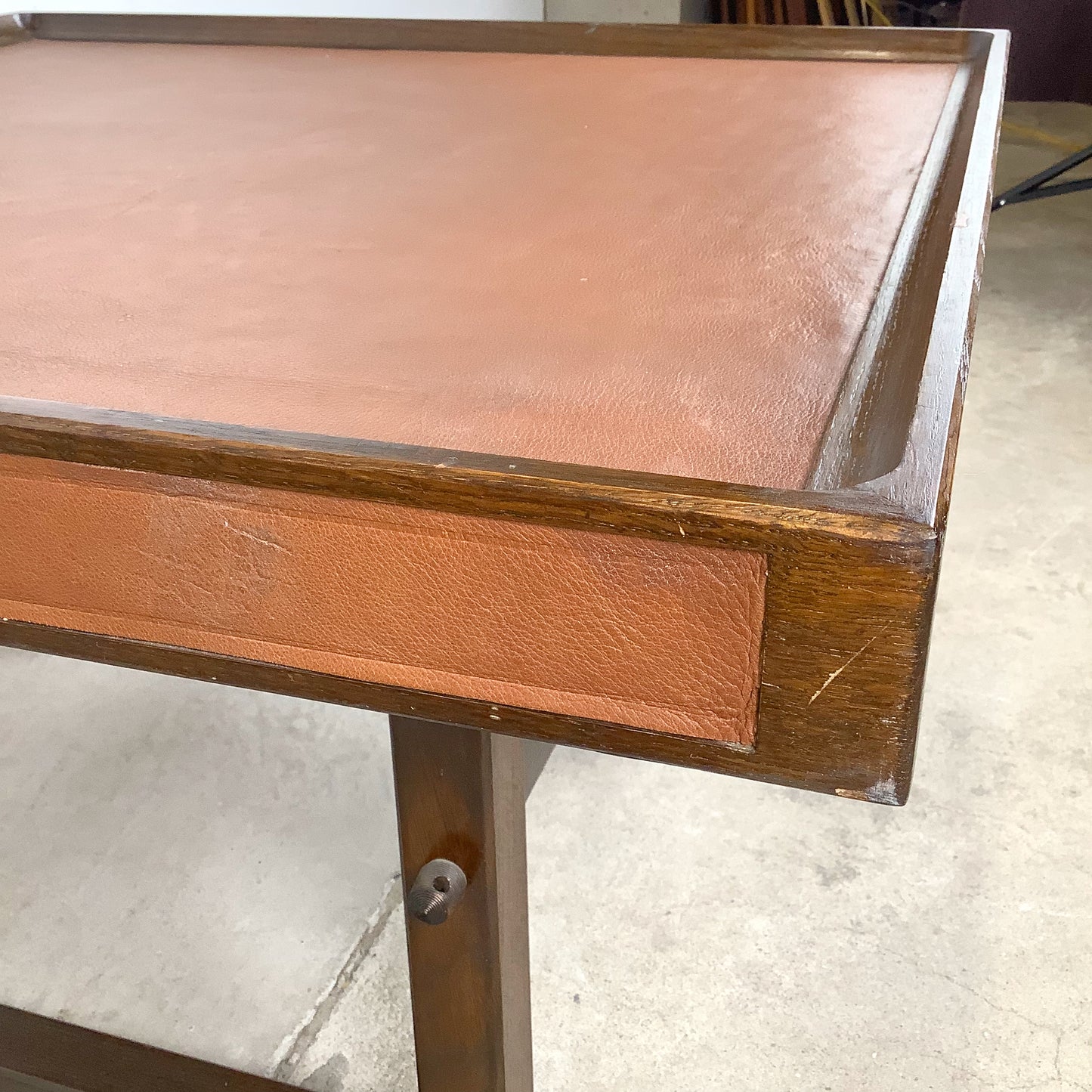 Vintage Studio-Made Square End Table, Leather Top, Architectural Trestle Base, Mid-Century