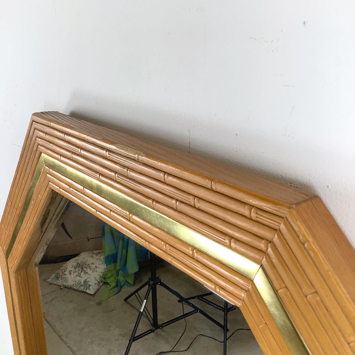 Vintage Modern Boho Octagonal Mirror with Faux Bamboo Wood Frame