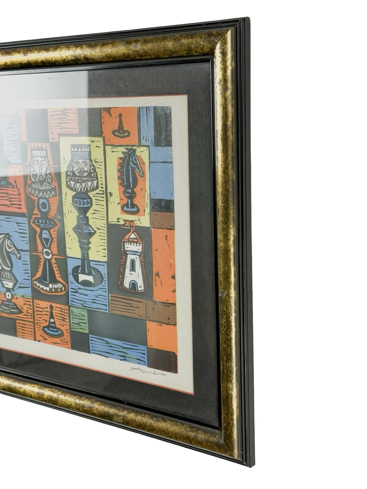 Irving Amen “Chess Board” Signed Mid-Century Modern Color Woodcut