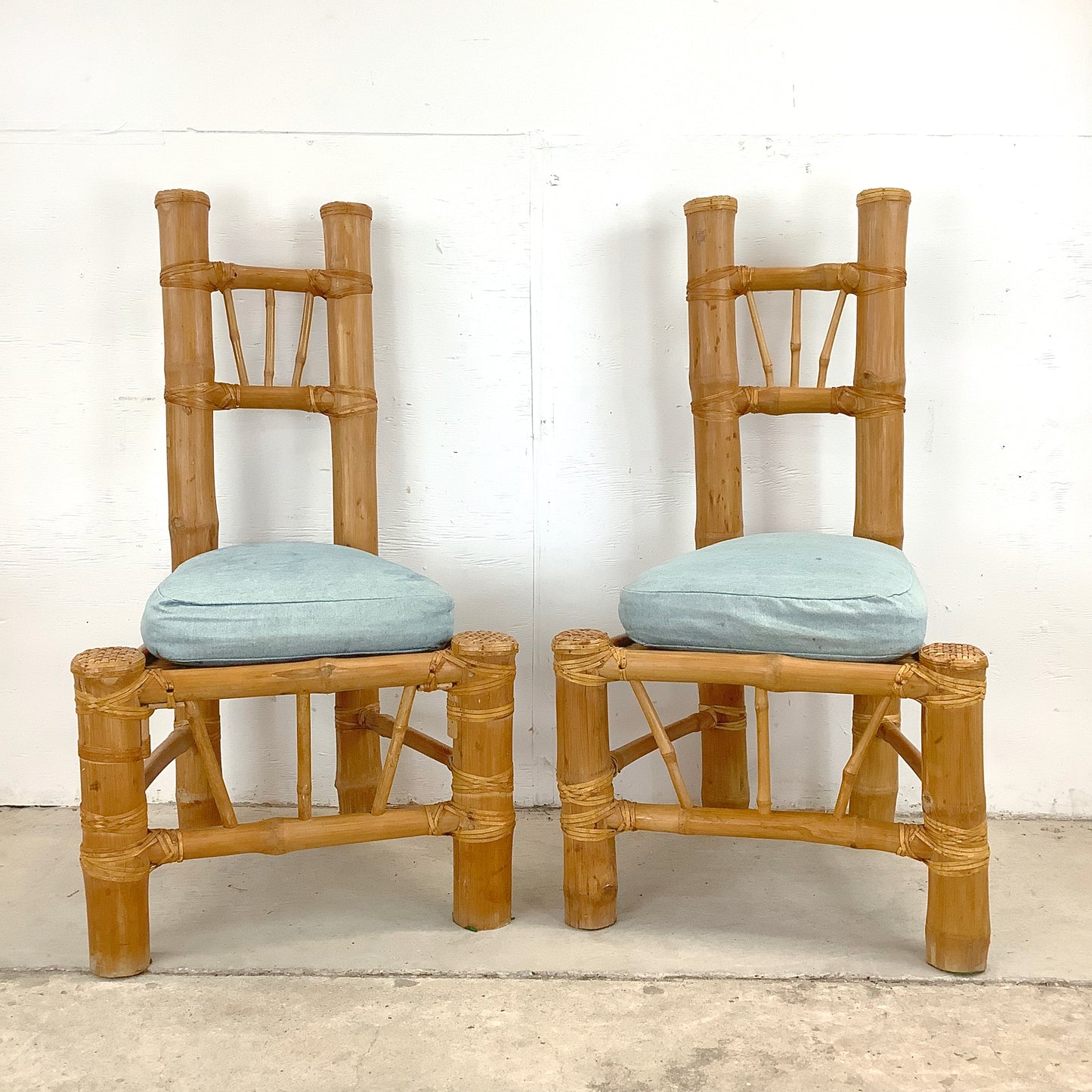 Pair Tall Boho Modern Bamboo Chairs