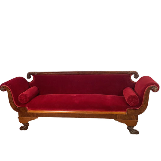 Antique American Empire Revival Mahogany Settee | Scroll Arms | Carved Paw Feet | Crimson Velvet