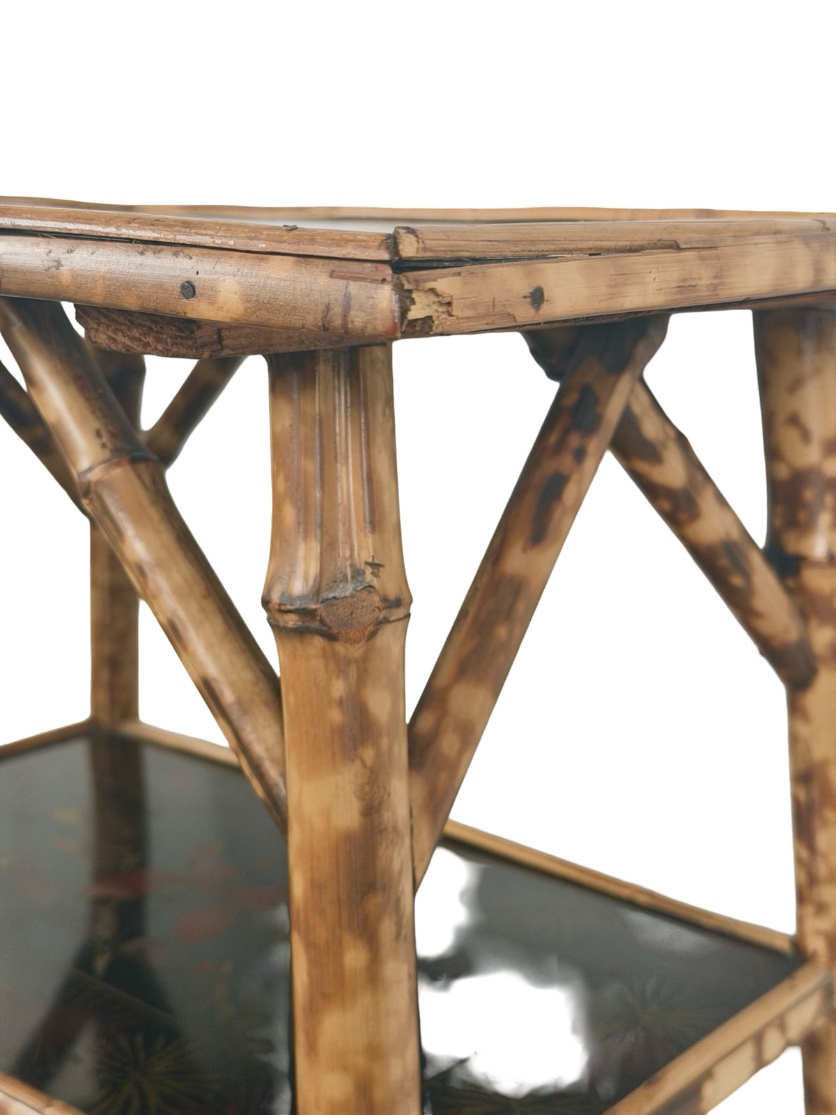 Antique Victorian Aesthetic Movement Tiger Bamboo Three-Tier Side Table with Floral Shelves