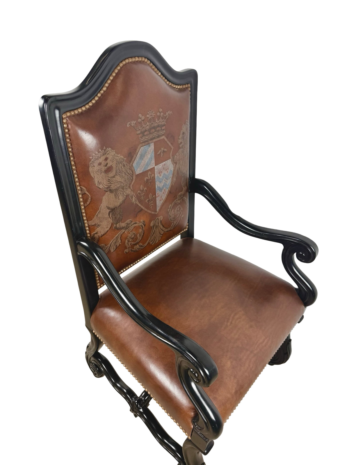 Ferguson Copeland Carved Wood & Leather Crest Armchair
