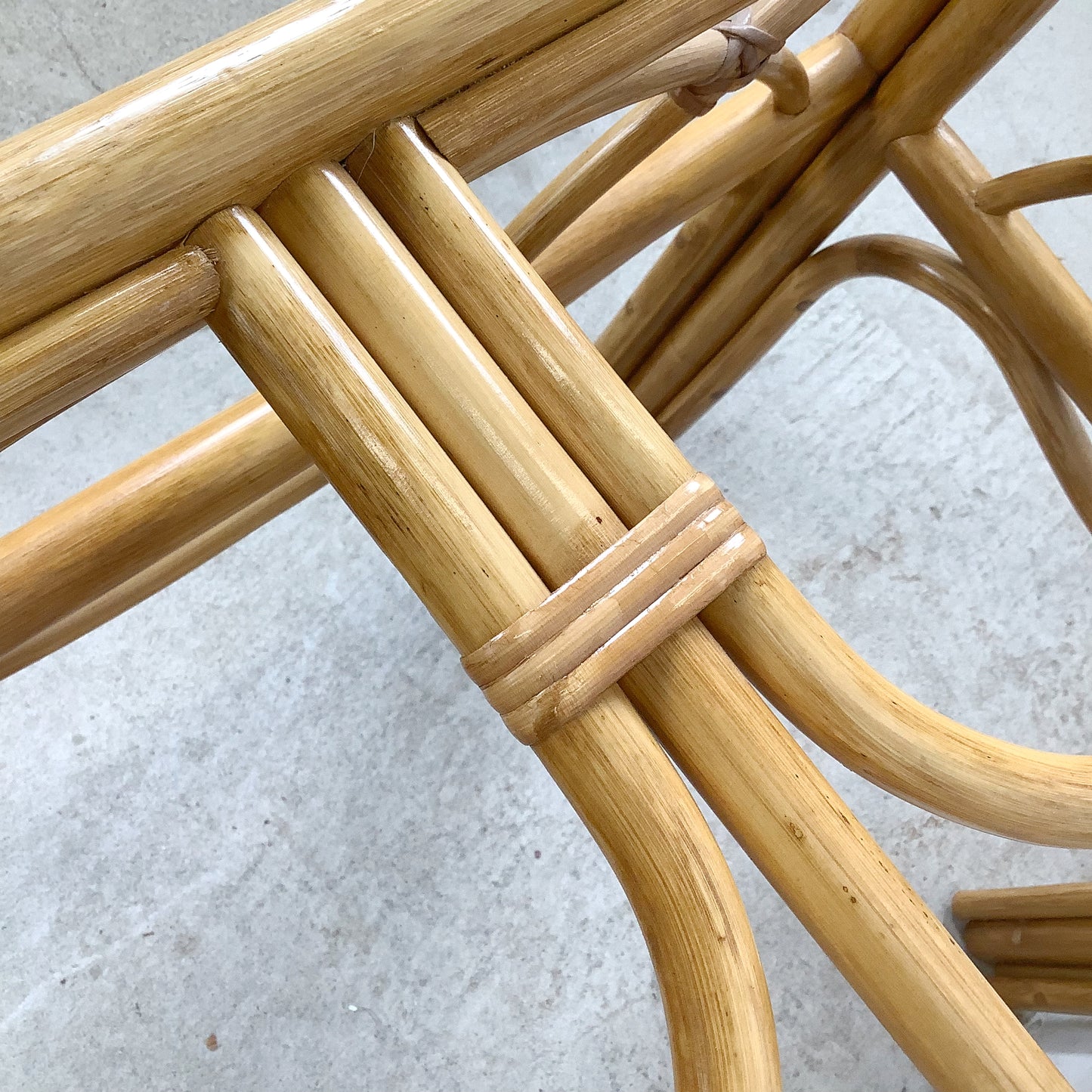 Vintage Bent Rattan Side Table with Inset Glass Top — Arch Apron, circa 1970s–1980s