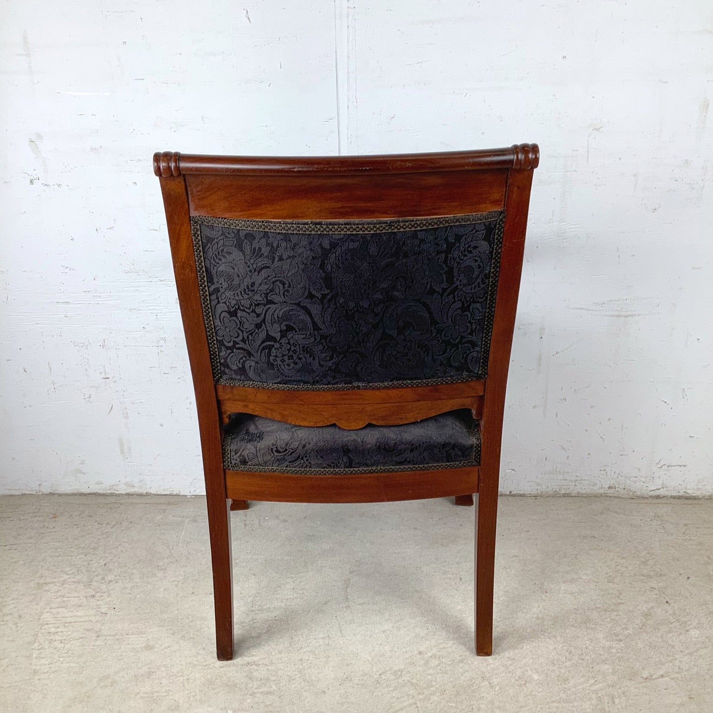Empire Style Mahogany Armchair | Carved Acanthus Frame | Black Damask Upholstery | Neoclassical