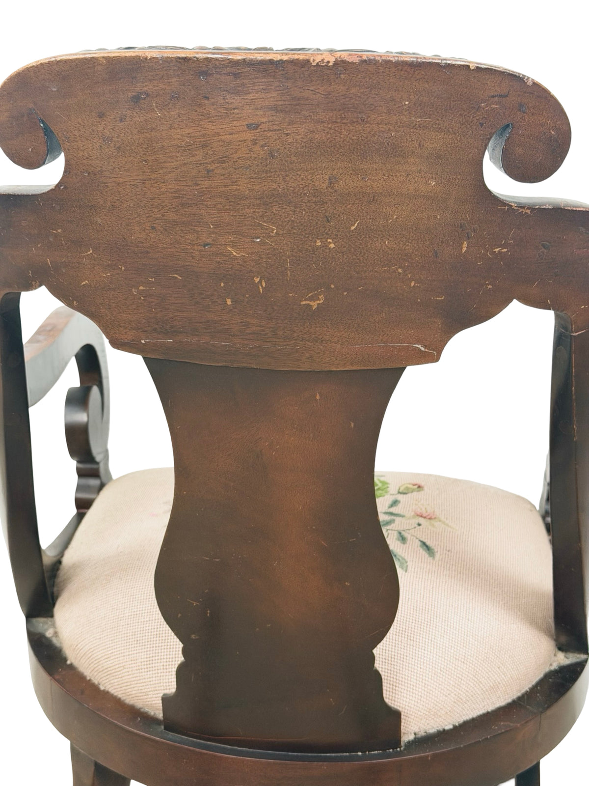 Antique American Classical Carved Wood Rocking Chair with Floral Needlepoint Seat
