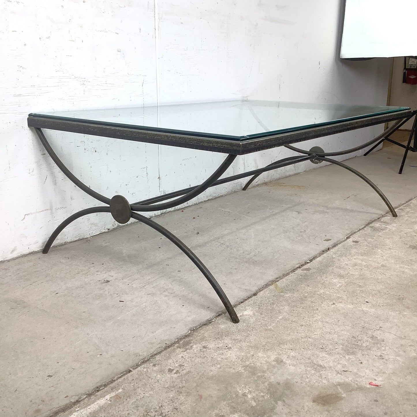 Vintage Modern Glass Coffee Table with Sculptural Wrought Iron Base