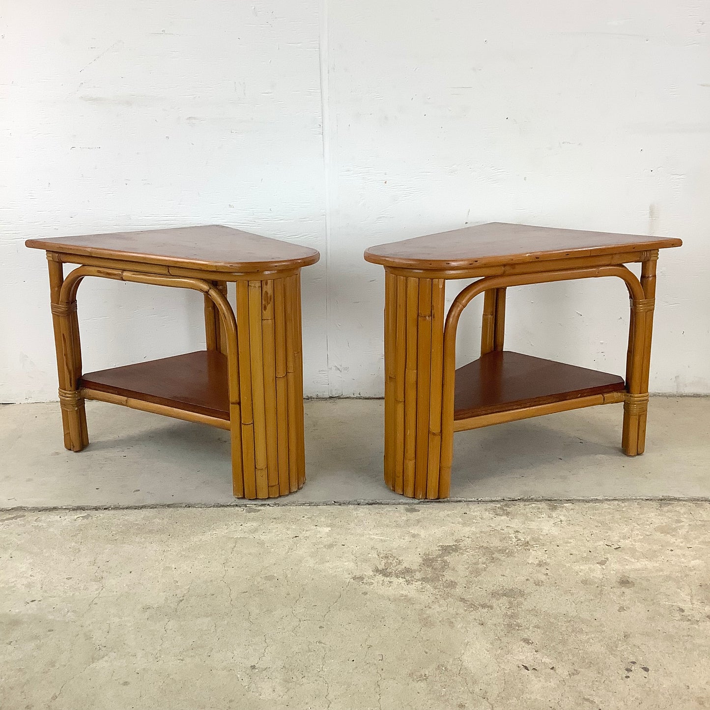 Pair Paul Frankl Style Rattan Wedge End Tables