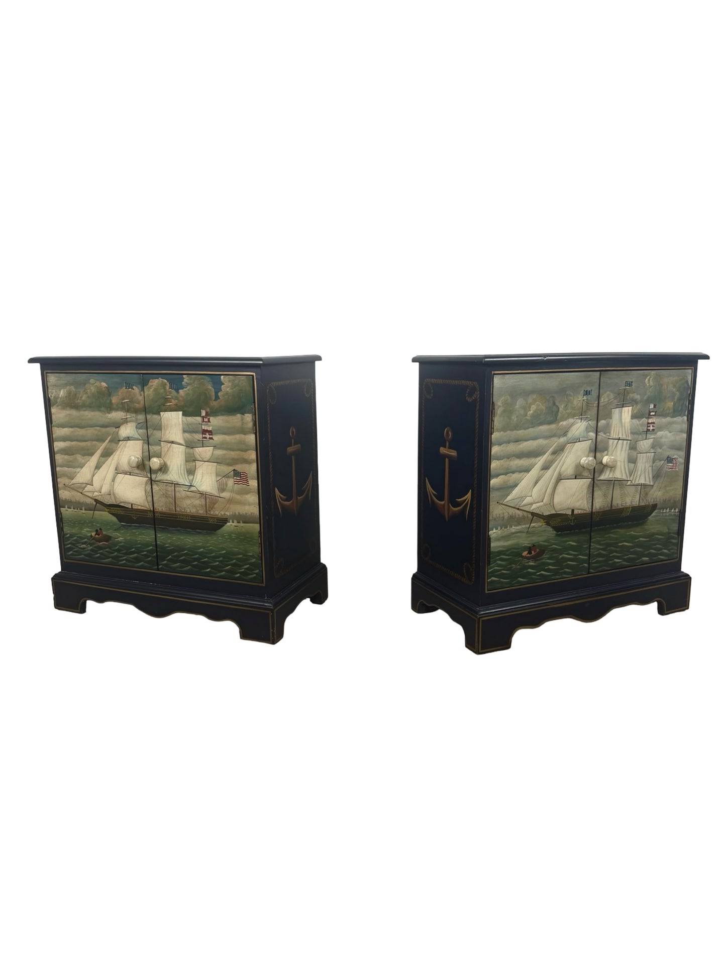Pair of Hand-Painted Nautical Cabinets — Clipper Ship & Compass Rose Design