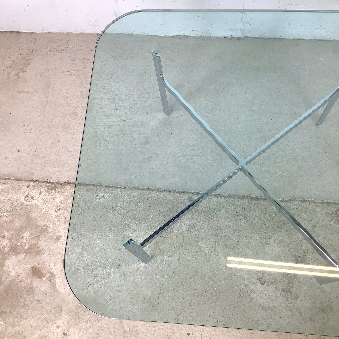 Vintage Barcelona-Style Coffee Table | Brushed Chrome X-Base | Thick Glass | 36" Square | c. 1970s–1980s