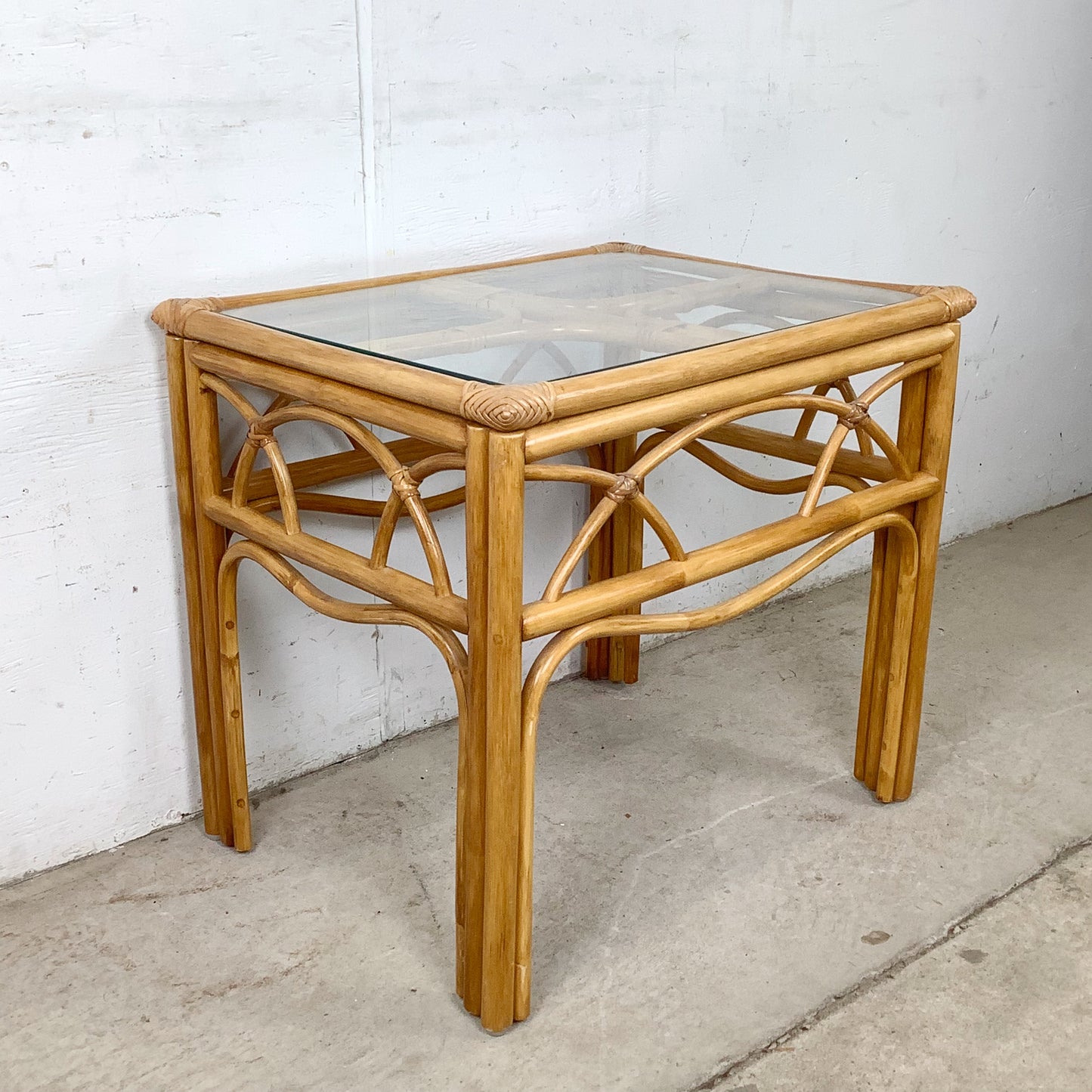 Vintage Bent Rattan Side Table with Inset Glass Top — Arch Apron, circa 1970s–1980s