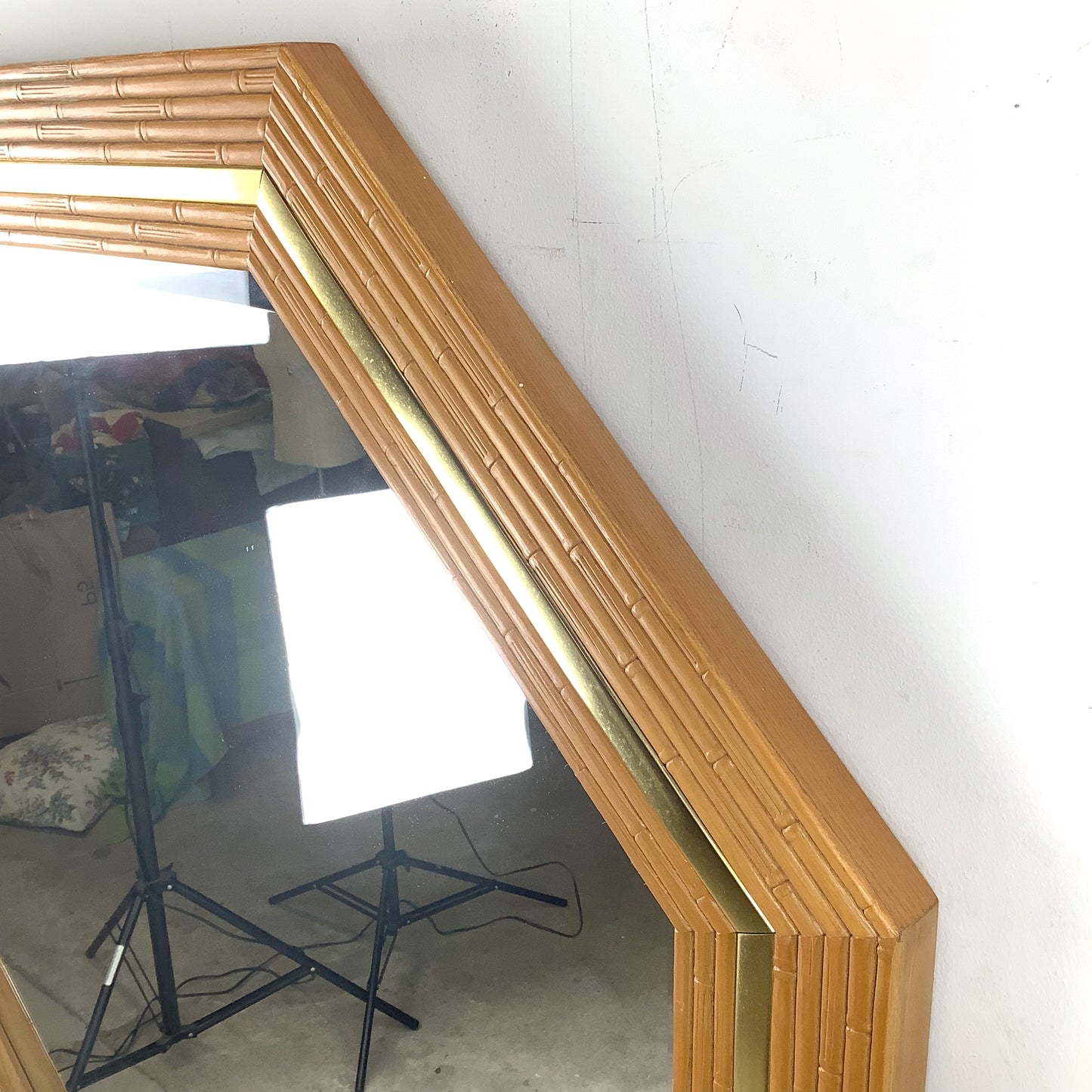 Vintage Modern Boho Octagonal Mirror with Faux Bamboo Wood Frame
