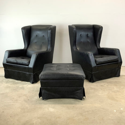 Pair Leather Wingback Armchairs With Ottoman by Theo Ruth for Artifort