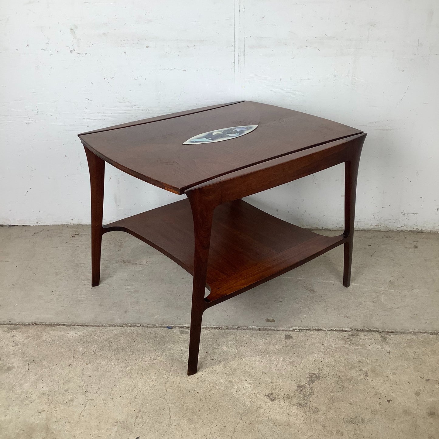 John Stuart Inc. Walnut Two-Tier End Table | Enamel Inlay | Splayed Legs | 1960s