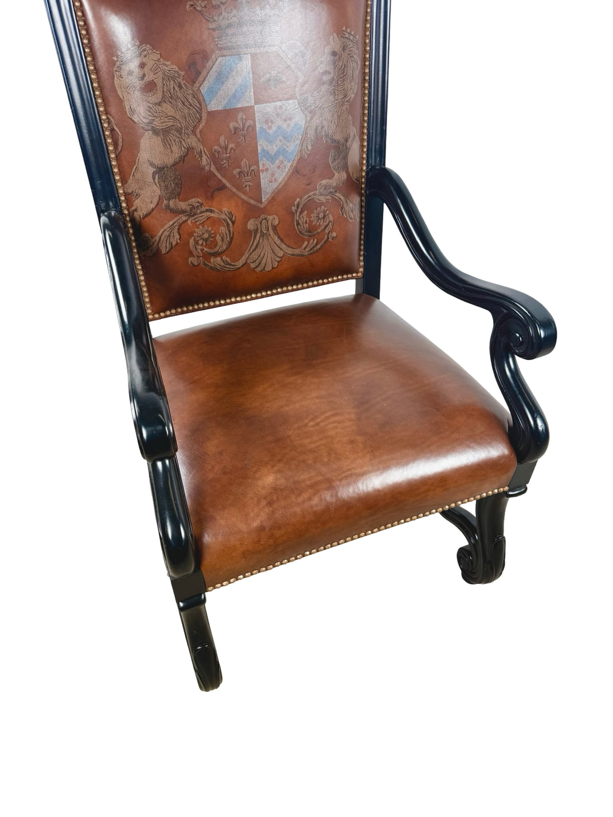 Ferguson Copeland Carved Wood & Leather Crest Armchair