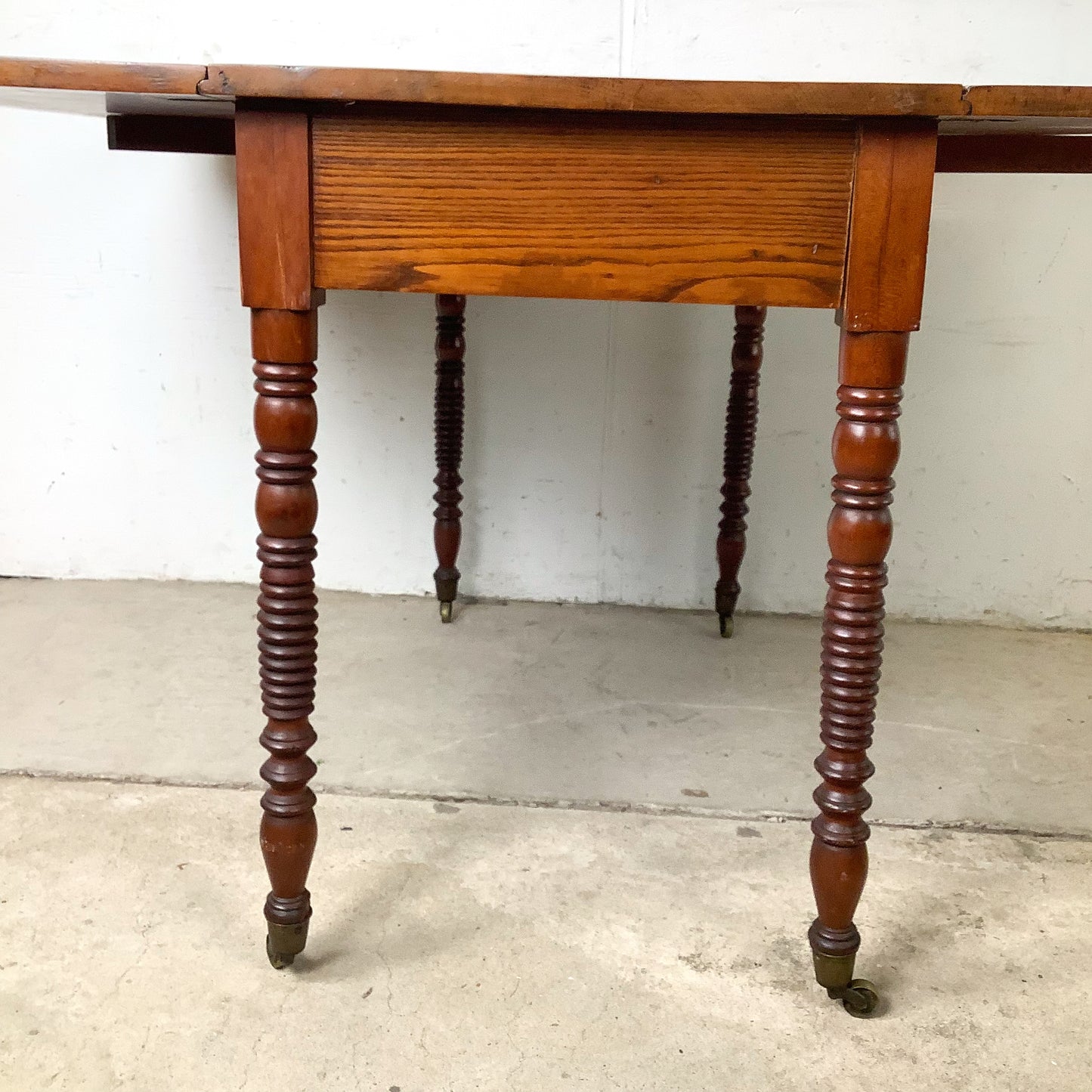 Antique American Drop-Leaf Table | Victorian Spool-Turned Legs | Original Brass Casters | Hardwood Top