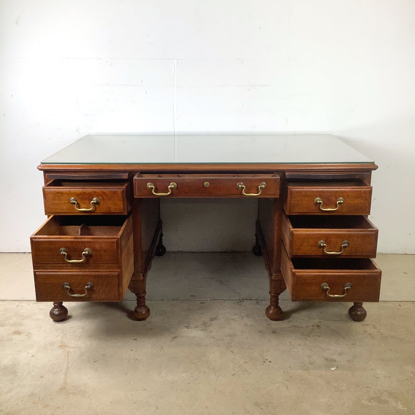 Antique Queen Anne Revival Kneehole Pedestal Desk | Burl Walnut | Brass Bail Pulls | Bun Feet |c. 20th C
