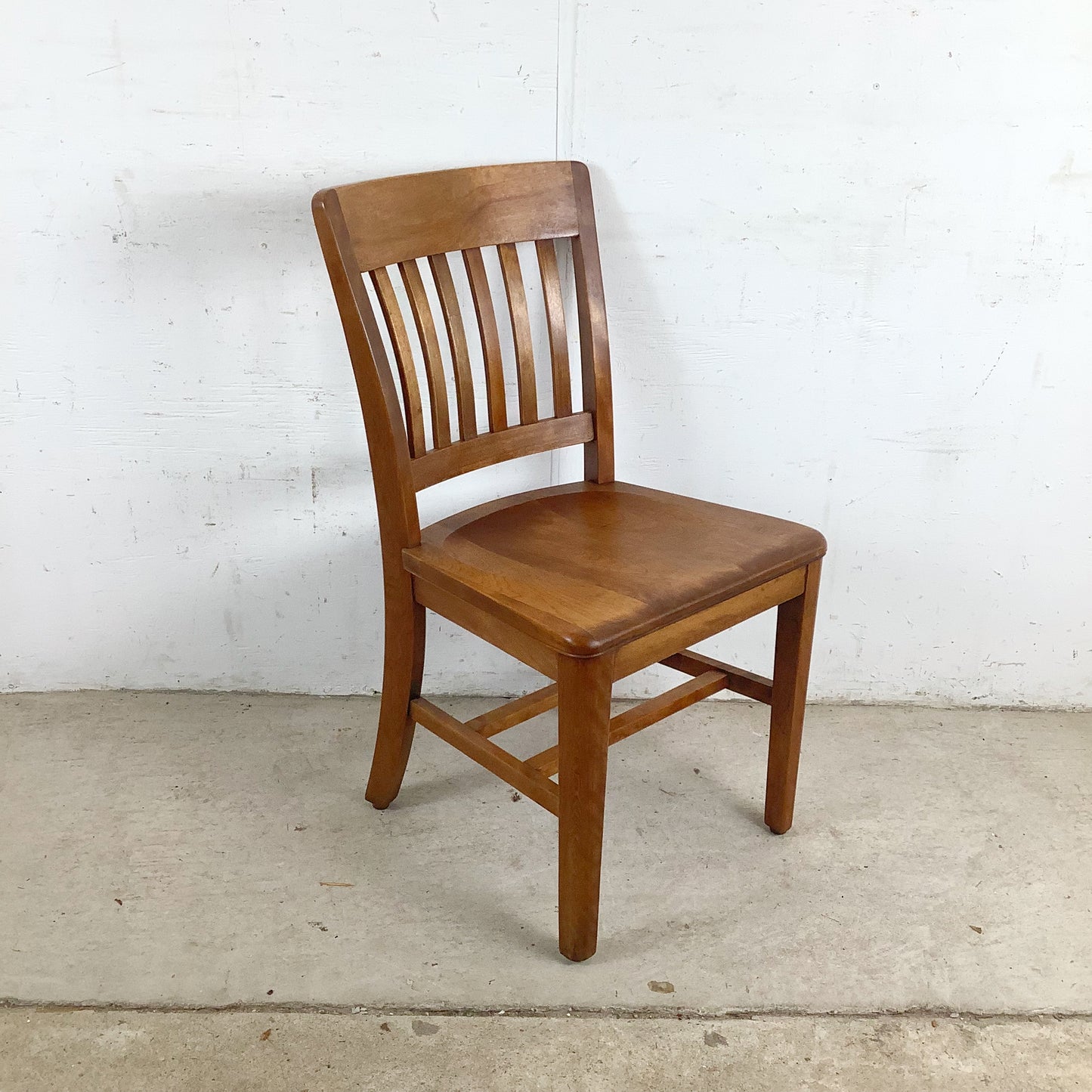 Vintage American Schoolhouse Chair — Solid Wood Slat Back, Saddle Seat