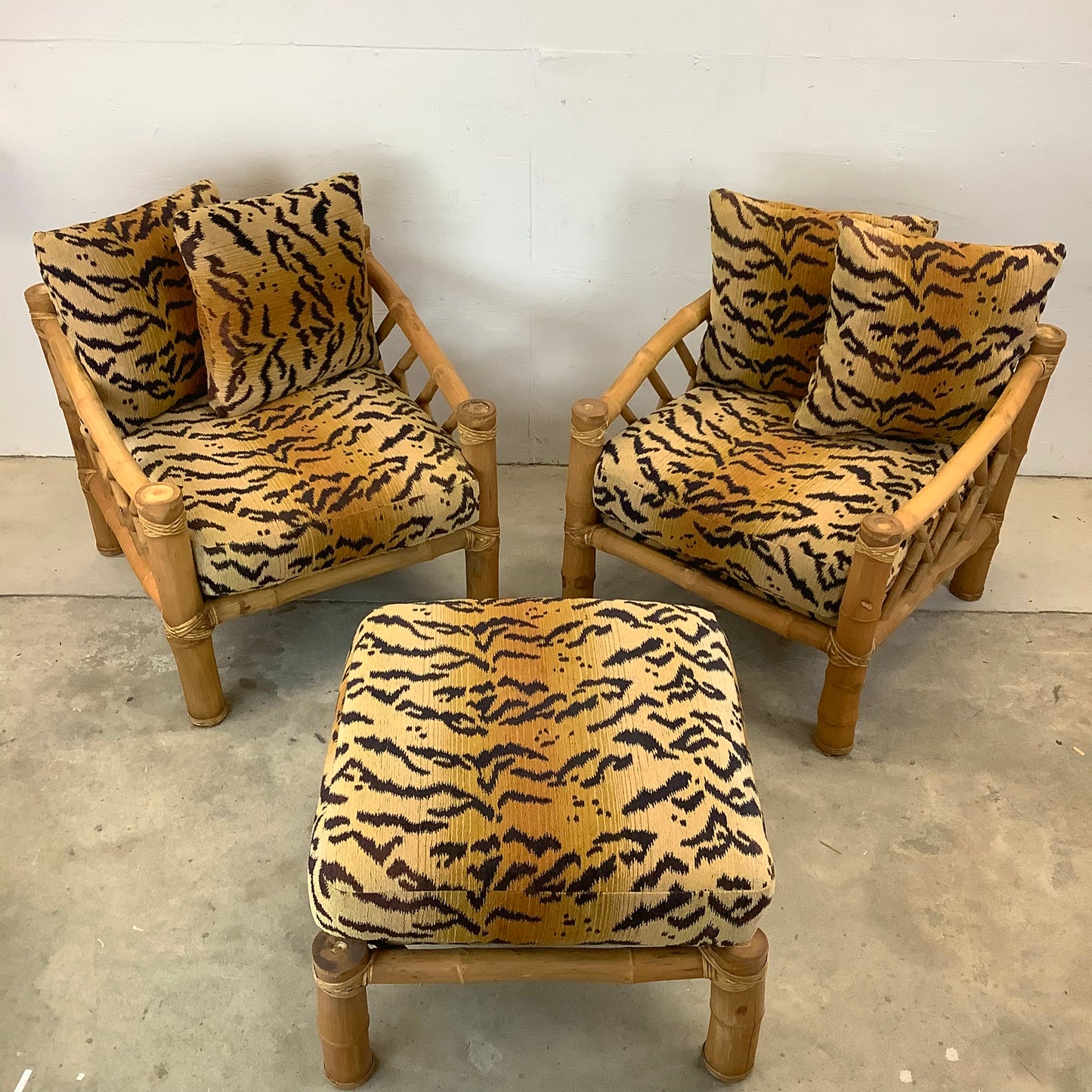 Vintage Bamboo Armchairs & Ottoman in Tiger Print