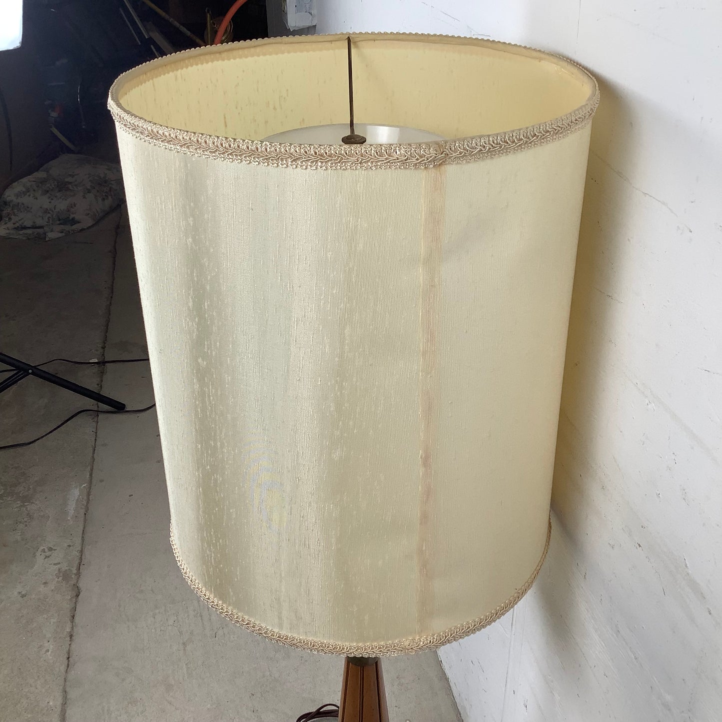 Vintage Mid Century Modern Walnut and Brass Table Lamp with Large Drum Shade