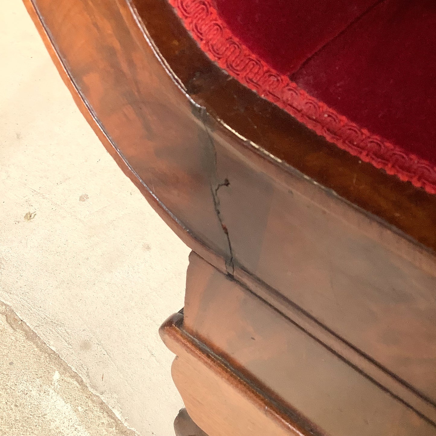 Antique American Empire Revival Mahogany Settee | Scroll Arms Sofa| Carved Paw Feet | Crimson Velvet