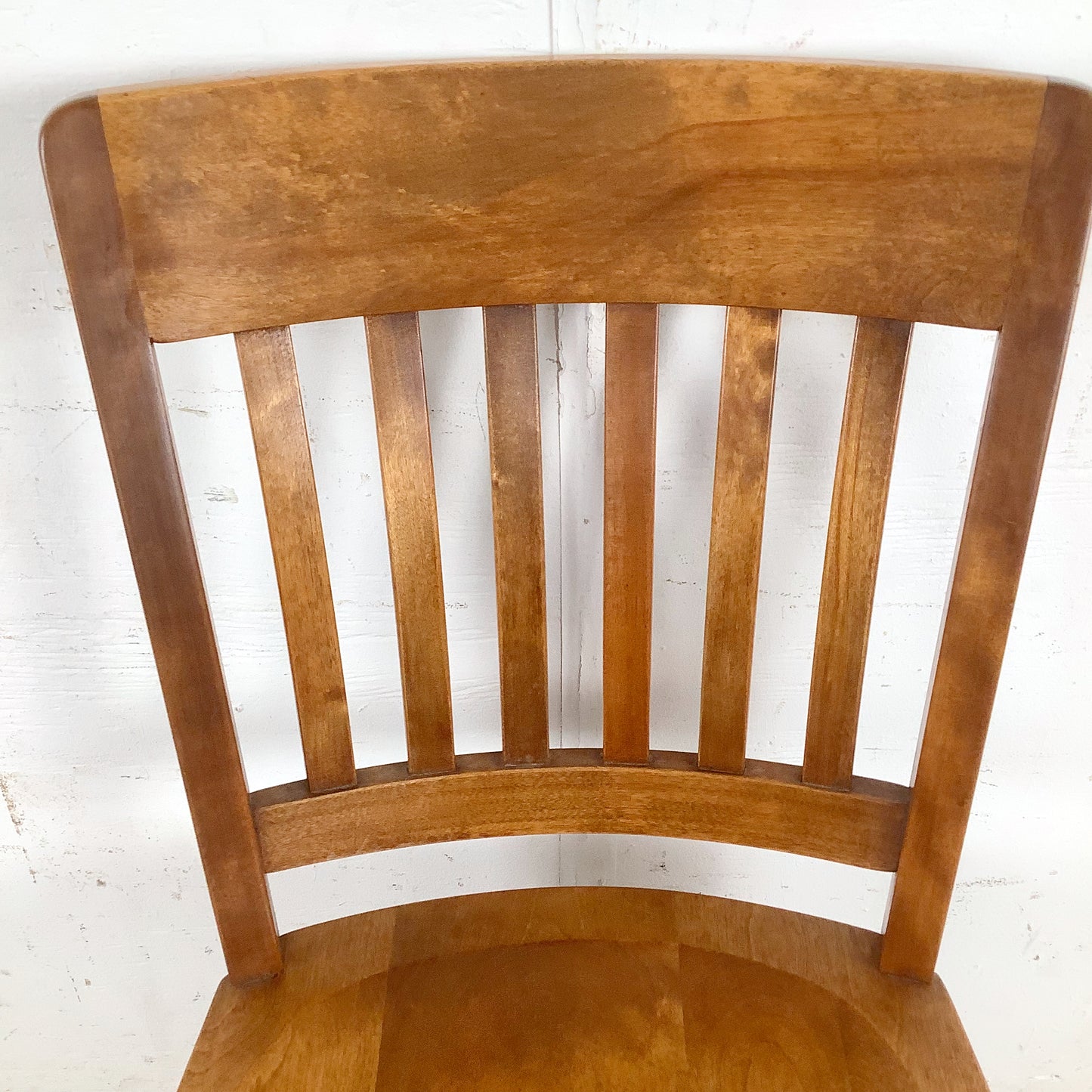 Vintage American Schoolhouse Chair — Solid Wood Slat Back, Saddle Seat