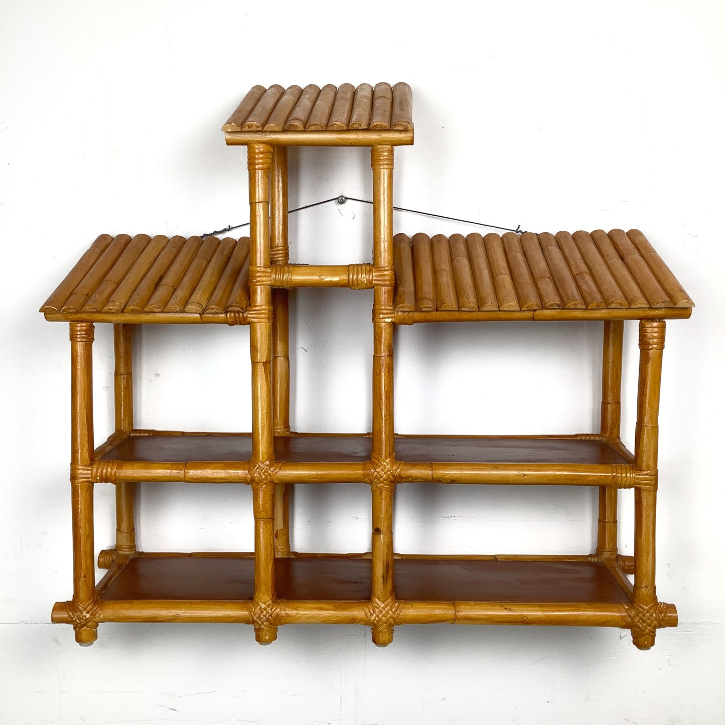 Vintage Bamboo & Rattan Stepped Hanging Wall Shelf | Paul Frankl Skyscraper Style | 1970s Boho Tropical