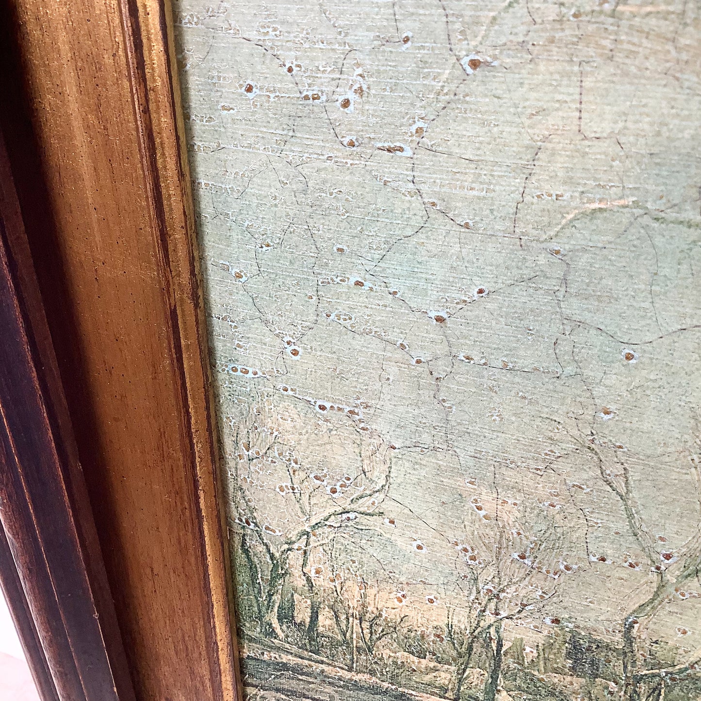 Antique Framed Winter Village Landscape, European Decorative Print