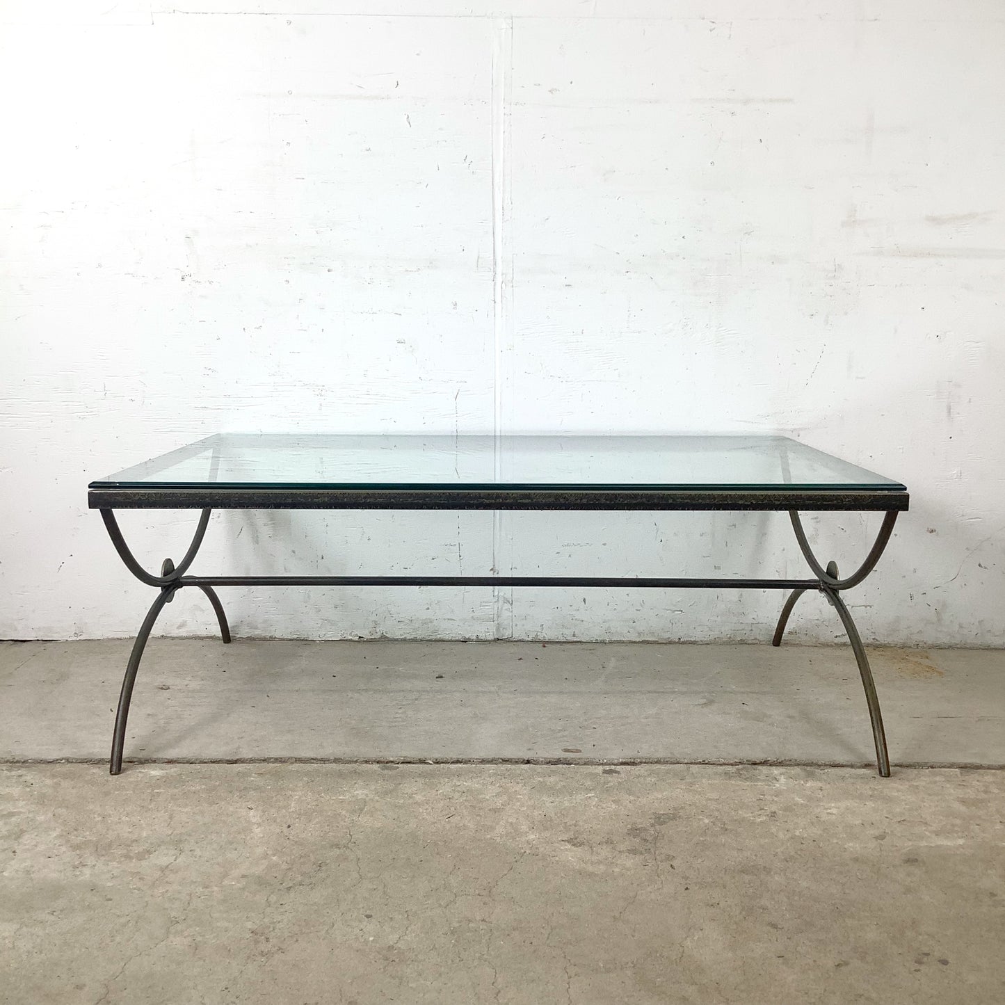 Vintage Modern Glass Coffee Table with Sculptural Wrought Iron Base