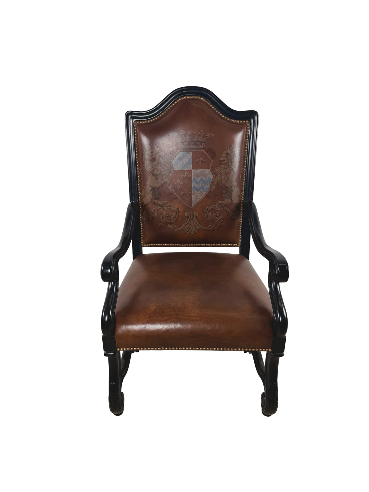 Ferguson Copeland Carved Wood & Leather Crest Armchair