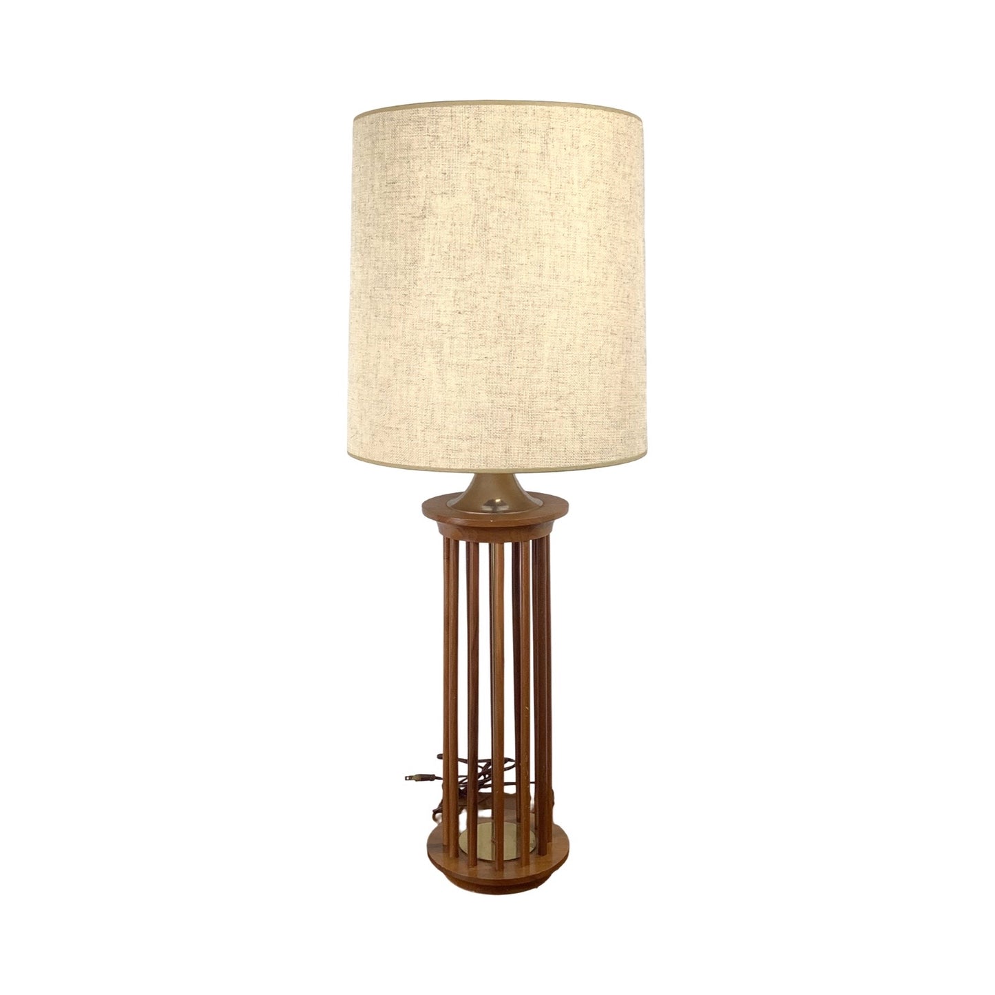Vintage Mid-Century Walnut Dowel Table Lamp with Linen Drum Shade