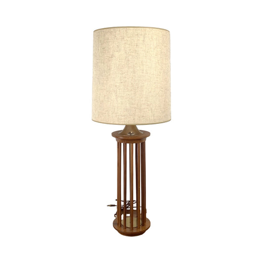 Vintage Mid-Century Walnut Dowel Table Lamp with Linen Drum Shade