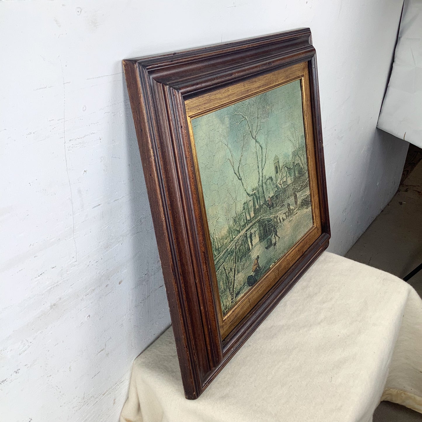 Antique Framed Winter Village Landscape, European Decorative Print