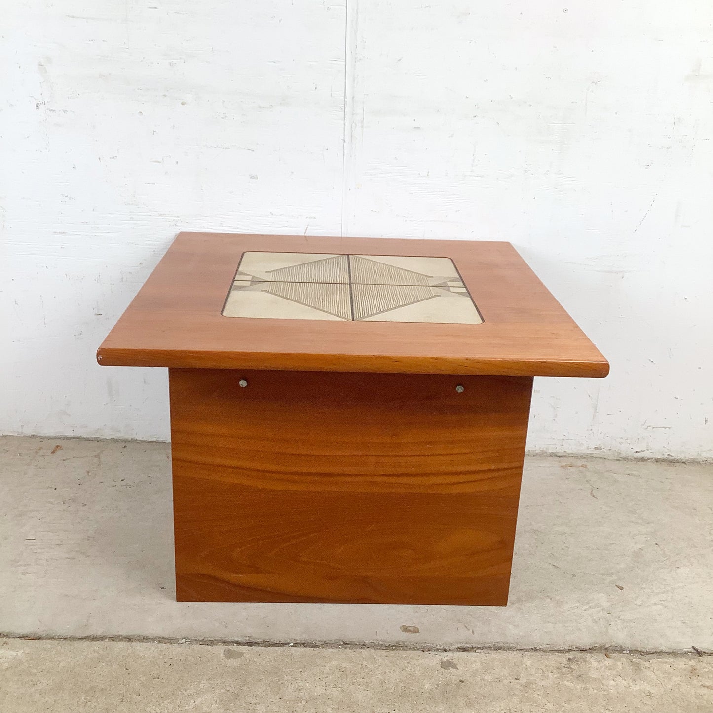 Vintage Danish Modern Teak Side Table with Ceramic Tile Inset — Geometric, Scandinavian, 1960s–1970s