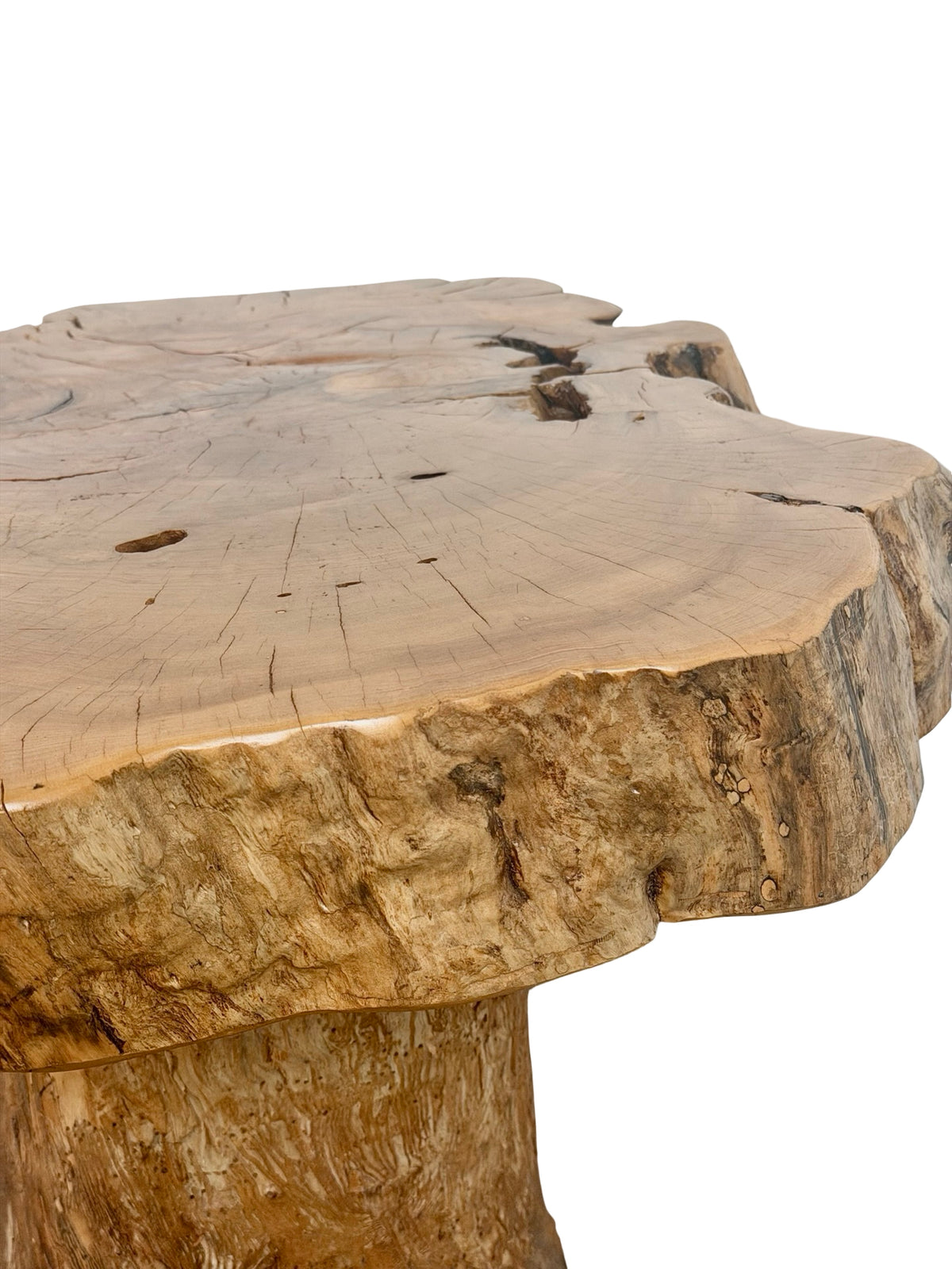 Vintage Two-Tier Live Edge Wood Coffee Table with Sculptural Trunk Base