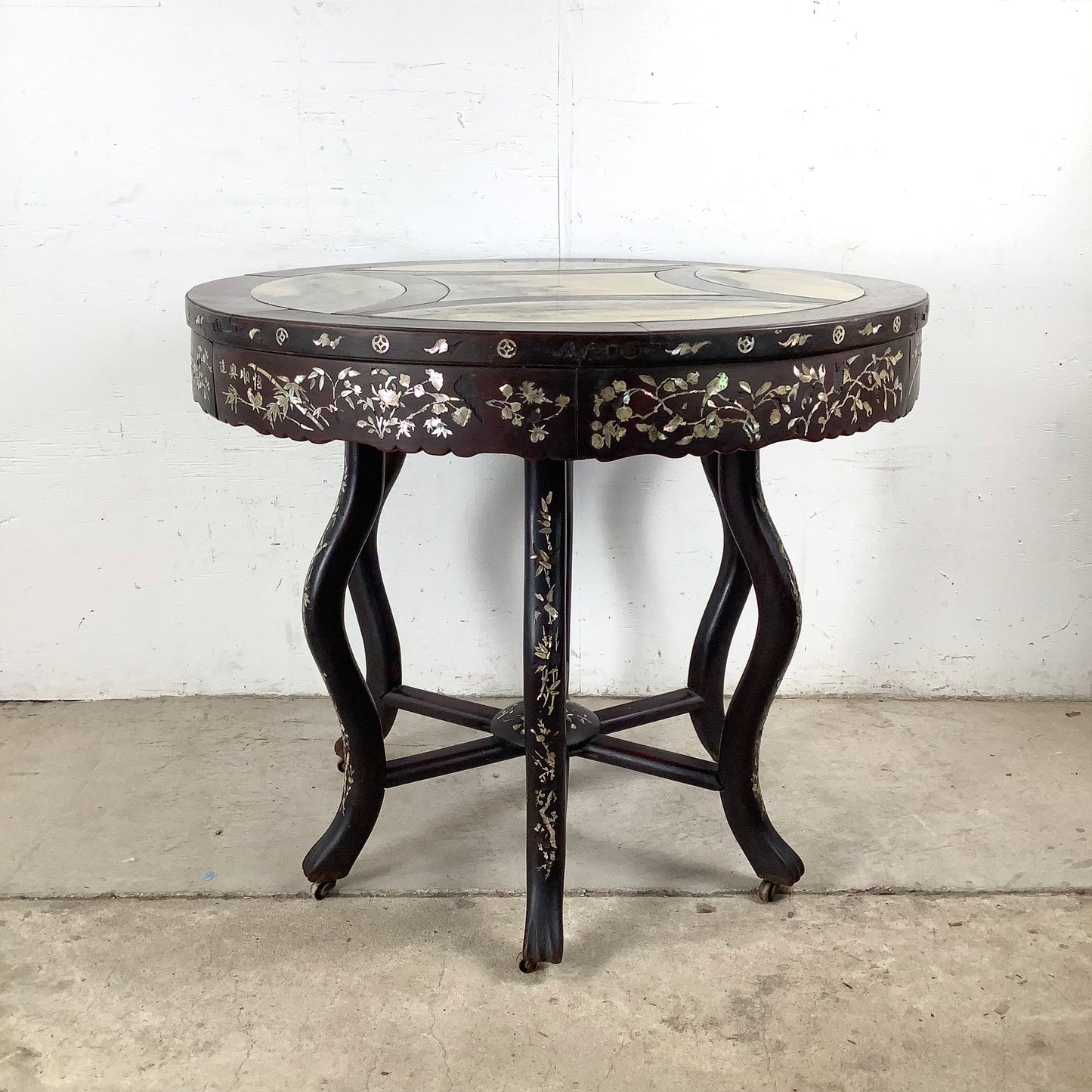 20th Century Chinese Export Center Table Wtih Stone Top and Decorative Inlay