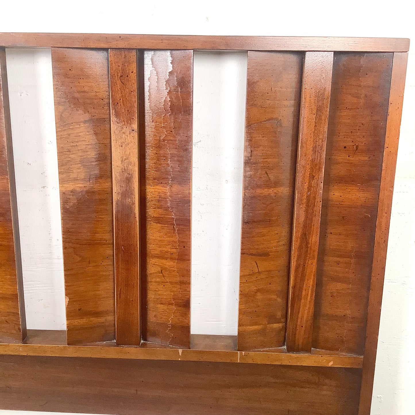 Vintage Mid-Century Modern Walnut Queen Headboard with Architectural Vertical Slat Design