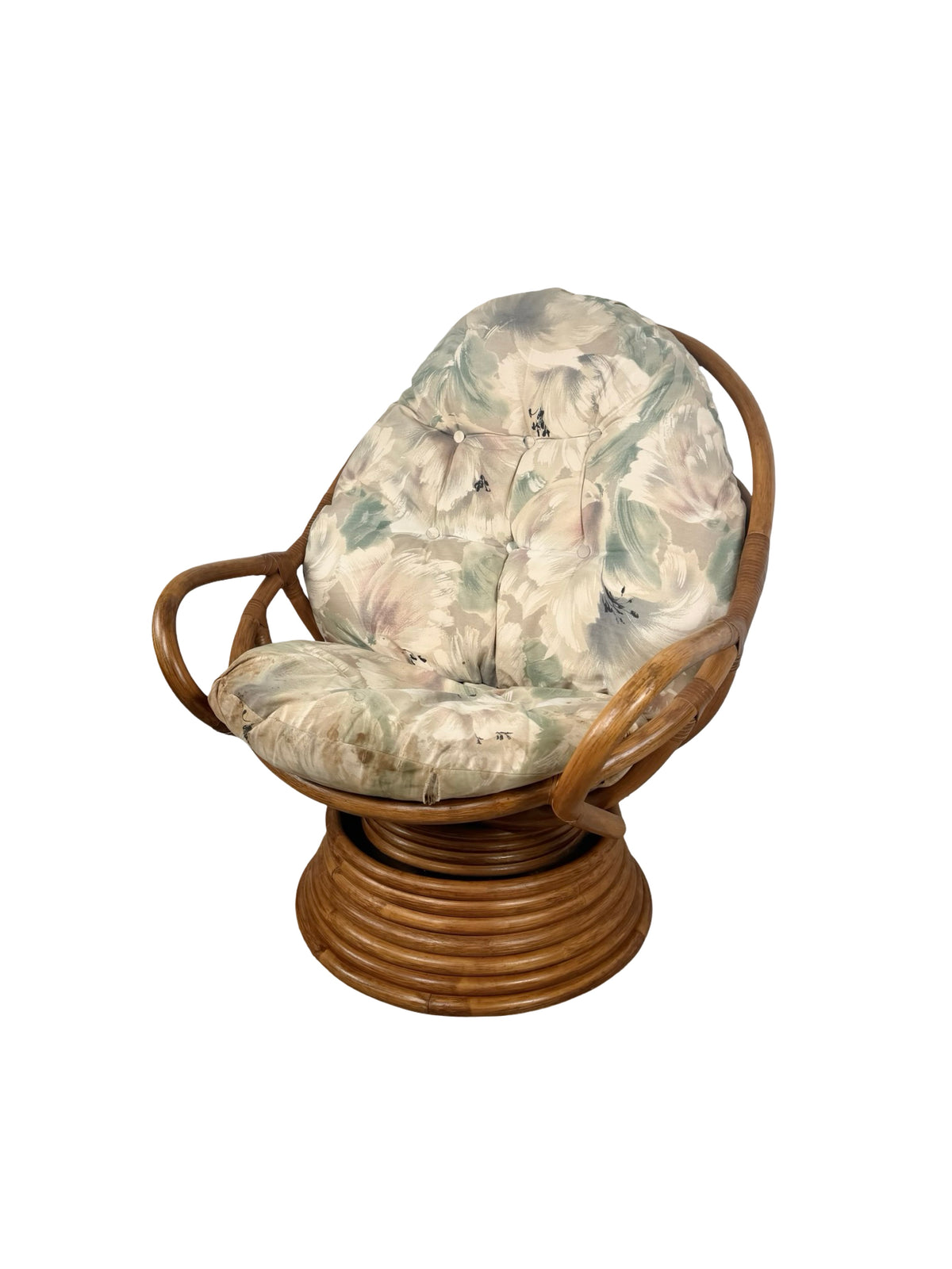Vintage Rattan Swivel Rocker Lounge Chair with Floral Cushions