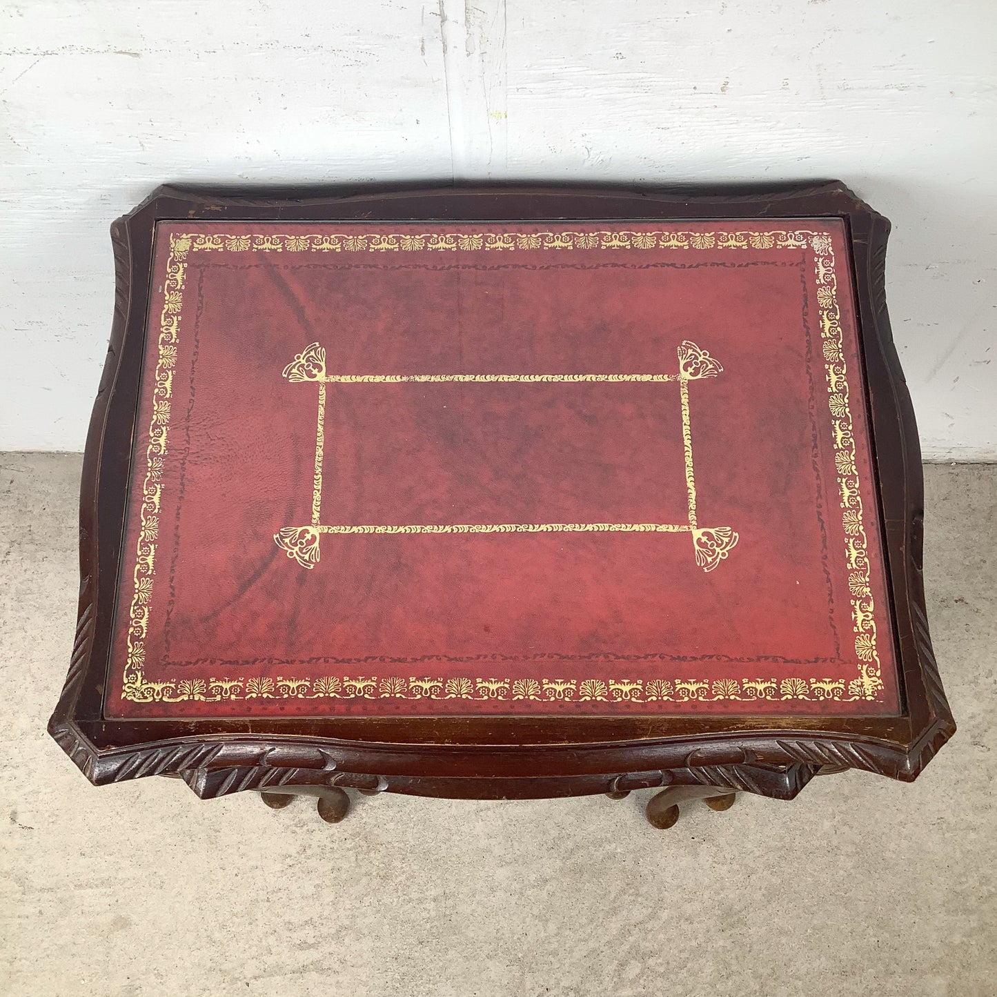 Vintage Queen Anne Style Nesting Tables with Tooled Leather Tops – Set of Three