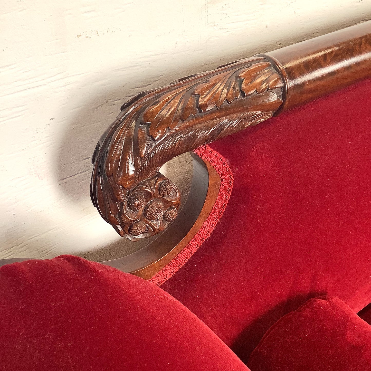 Antique American Empire Revival Mahogany Settee | Scroll Arms Sofa| Carved Paw Feet | Crimson Velvet