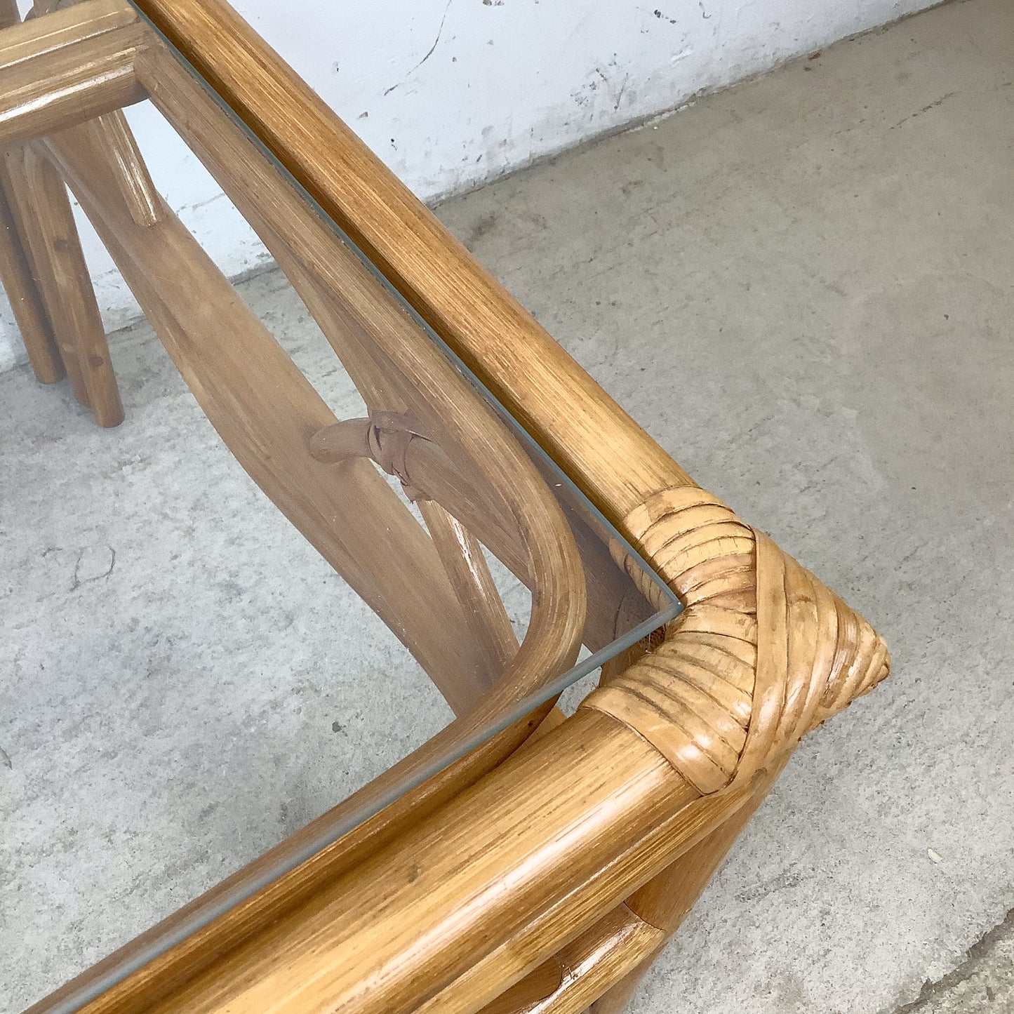 Vintage Rattan Cocktail Table, Cathedral Arch Apron with Glass Top