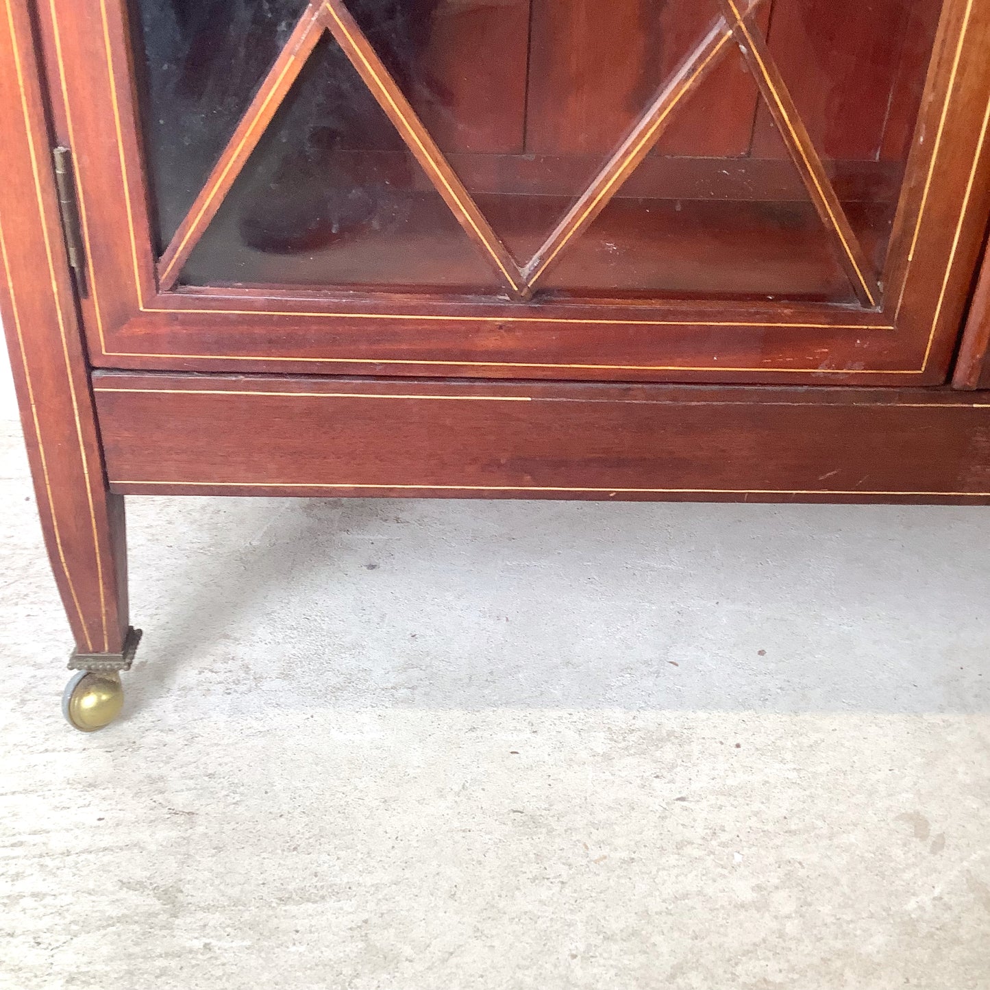 Edwardian Revival Mahogany Diamond Lattice Glazed Bookcase | Satinwood Inlay | Brass Casters