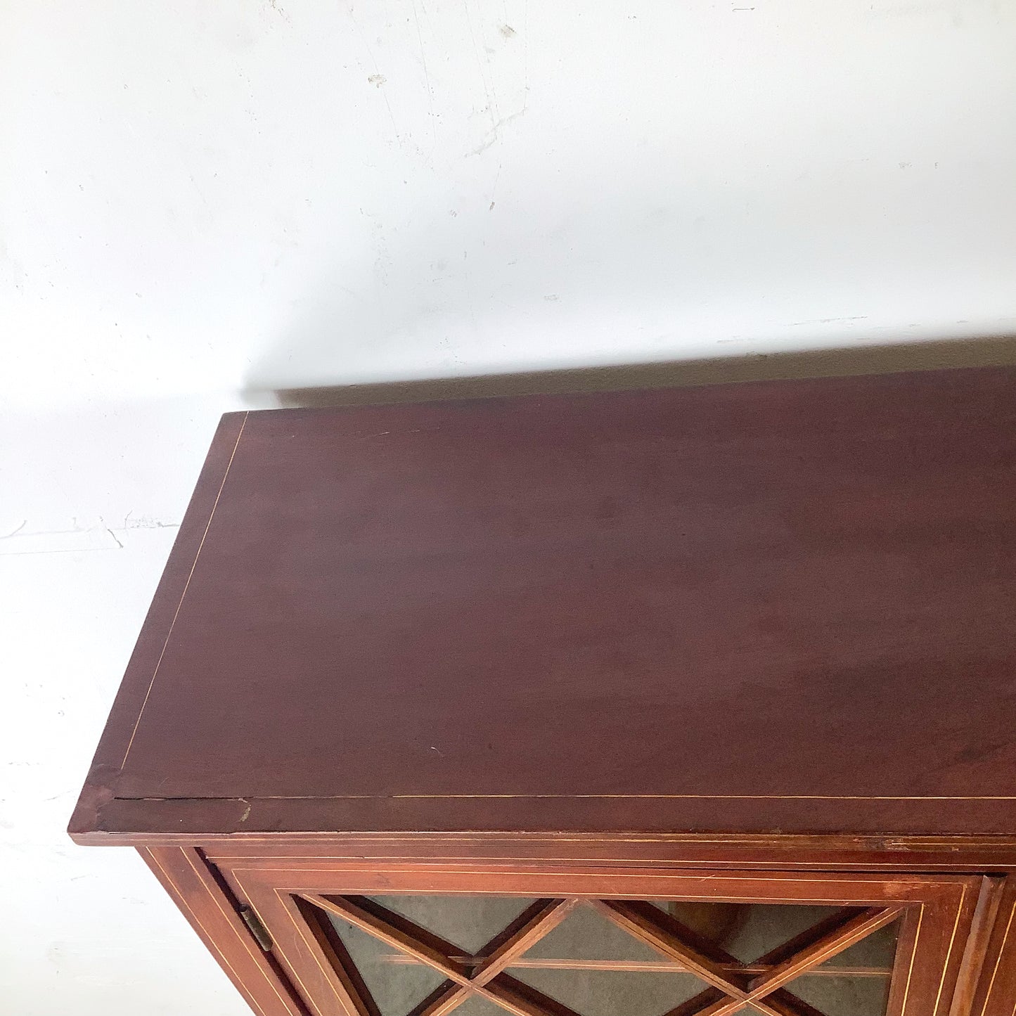 Edwardian Revival Mahogany Diamond Lattice Glazed Bookcase | Satinwood Inlay | Brass Casters