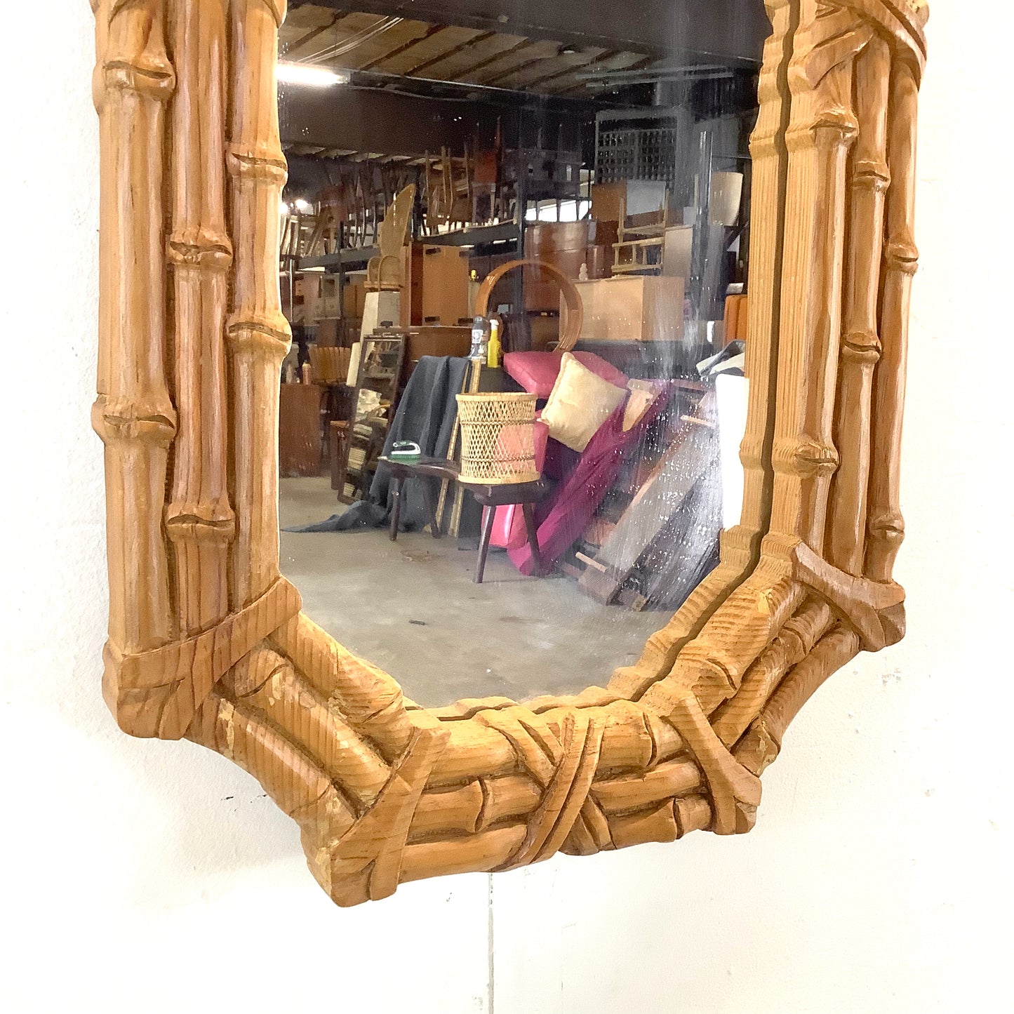 Natural Wood Faux Bamboo Mirror – 1970s Bohemian Coastal Design