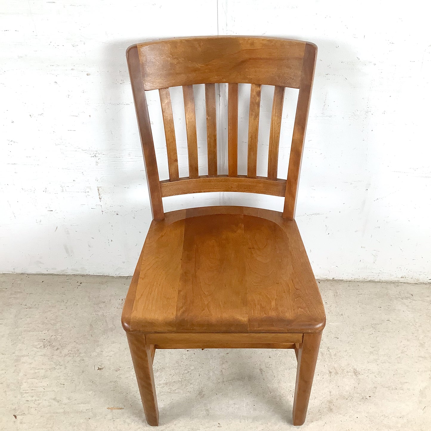 Vintage American Schoolhouse Chair — Solid Wood Slat Back, Saddle Seat