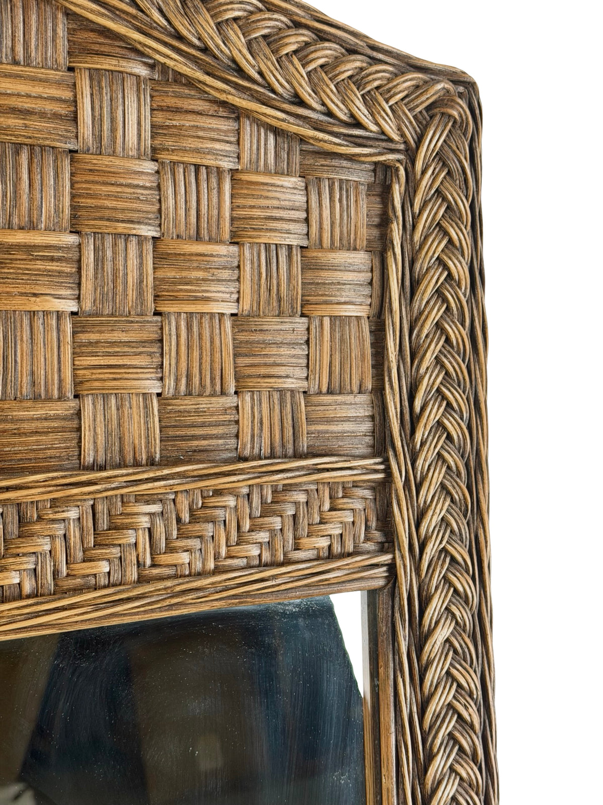 Vintage Arched Wicker Wall Mirror with Basket-Weave Panel and Braided Frame