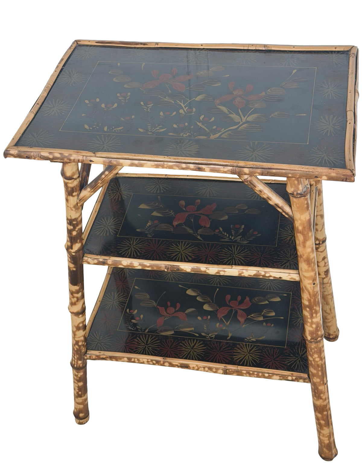 Antique Victorian Aesthetic Movement Tiger Bamboo Three-Tier Side Table with Floral Shelves